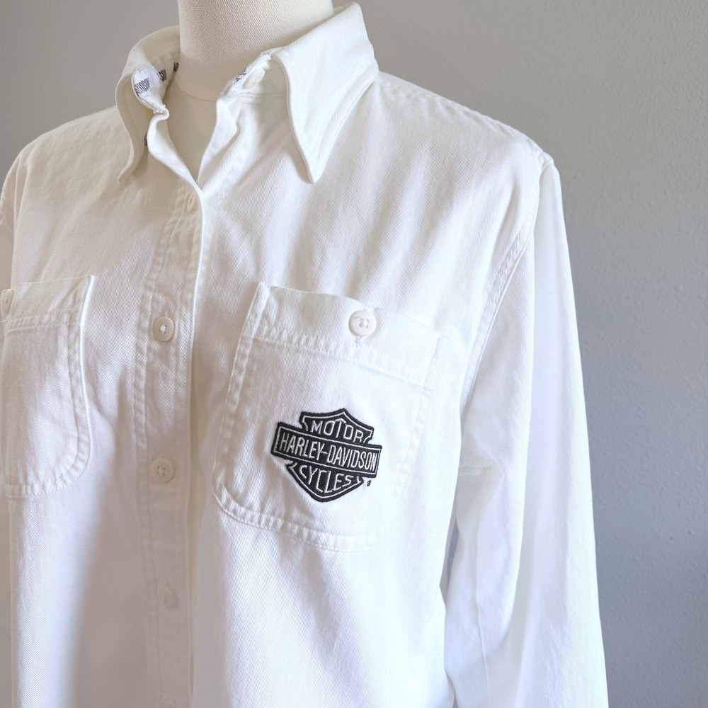 Harley-Davidson Womens White Denim Button Down Shirt Long Sleeve Logo Patch L